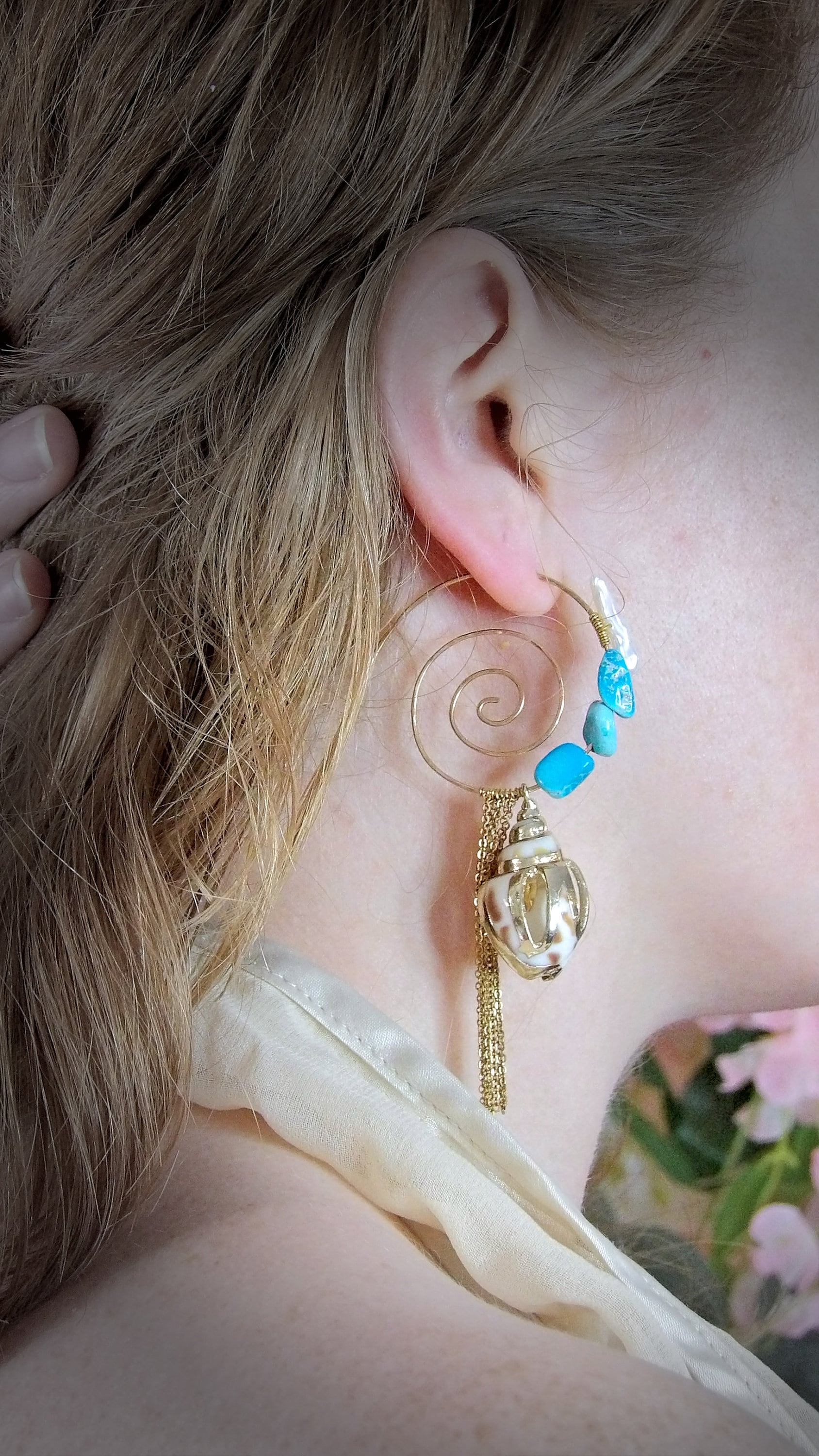 Genuine real arizona sleeping beauty turquoise. Boho spiral hoop earrings. Baroque irregular pearl earrings. Tassel Hoop Earrings.