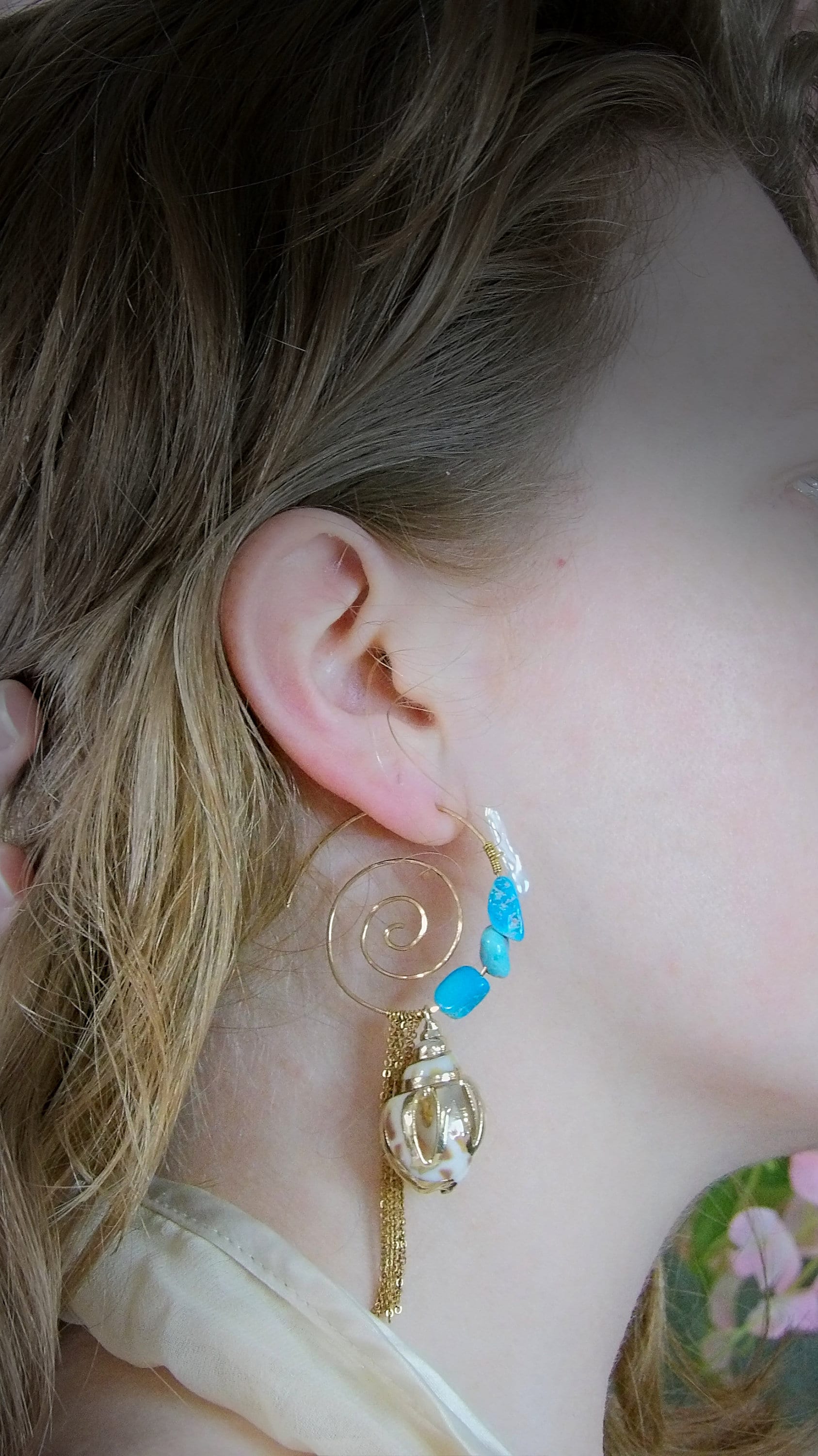 Genuine real arizona sleeping beauty turquoise. Boho spiral hoop earrings. Baroque irregular pearl earrings. Tassel Hoop Earrings.
