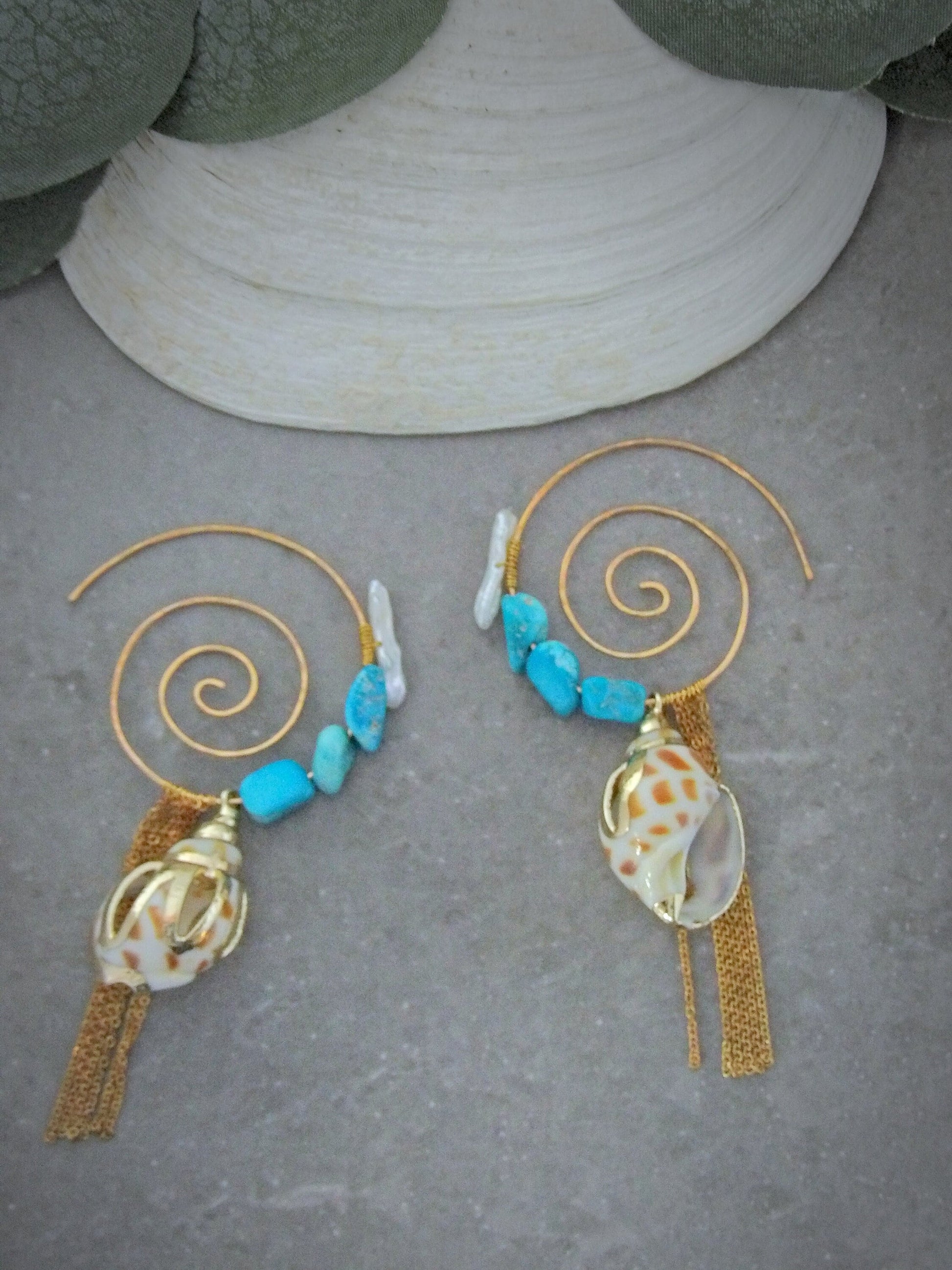 Genuine real arizona sleeping beauty turquoise. Boho spiral hoop earrings. Baroque irregular pearl earrings. Tassel Hoop Earrings.