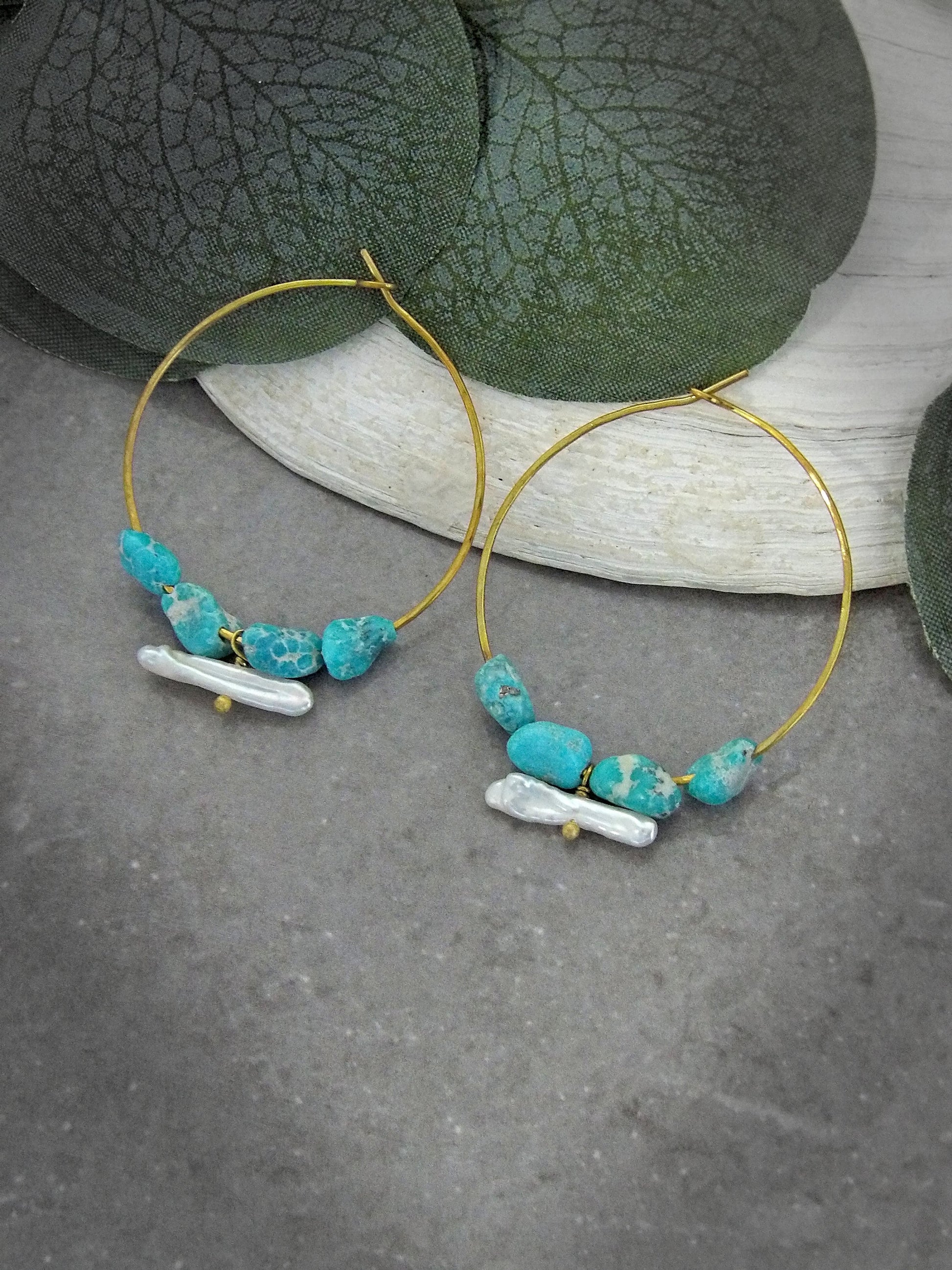 genuine turquoise earrings. Biwa stick pearl earrings. Bohemian turquoise hoop earrings. artisan turquoise earrings. siren jewelry