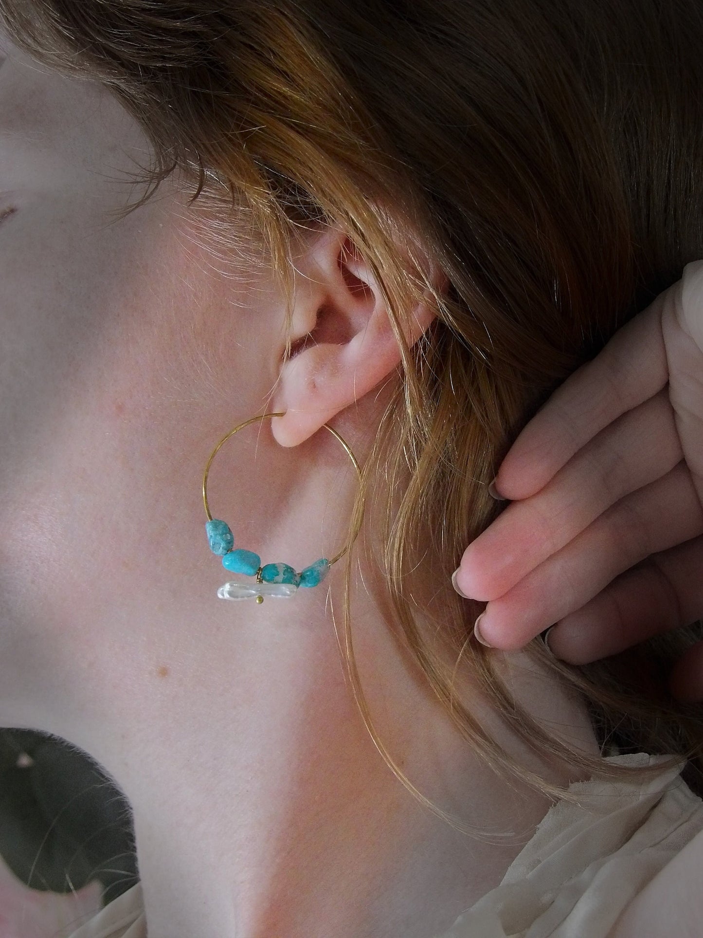 genuine turquoise earrings. Biwa stick pearl earrings. Bohemian turquoise hoop earrings. artisan turquoise earrings. siren jewelry