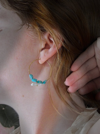 genuine turquoise earrings. Biwa stick pearl earrings. Bohemian turquoise hoop earrings. artisan turquoise earrings. siren jewelry