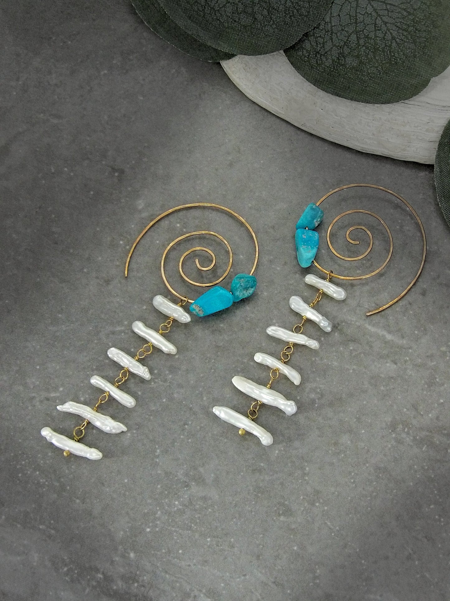Spiral Hoop Earrings With Biwa Pearls & Genuine Arizona Turquoise | Artisan Hammered Bronze | Ethical Bohemian Jewelry | Sustainable Fashion