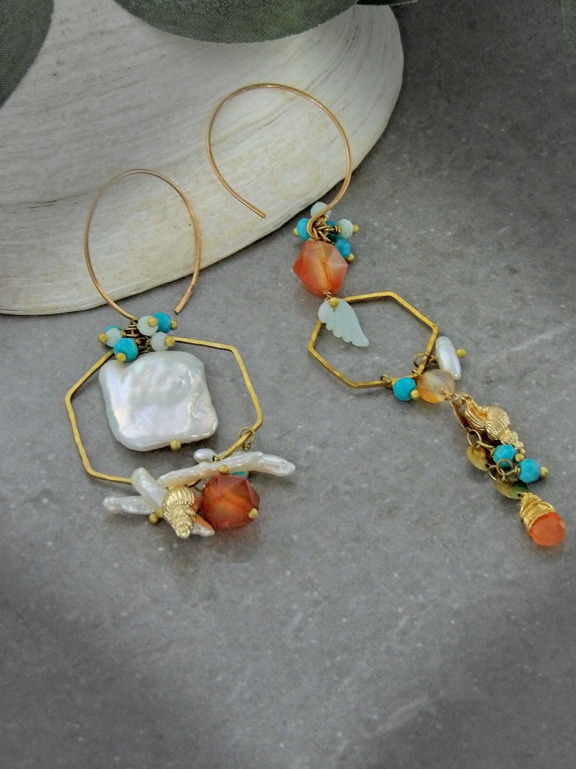 irregular earrings. Asymmetrical Earrings. Bohemian pearl earrings. Biwa pearl earrings. Genuine turquoise earrings. Ethical jewelry. Sustainable fashion. Carnelian earrings.