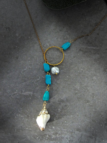 Lariat Keshi Pearl Necklace | Genuine Turquoise Y Necklace | Ethical Bohemian Jewelry | Sustainable Fashion | Artisan Intentional Jewelry