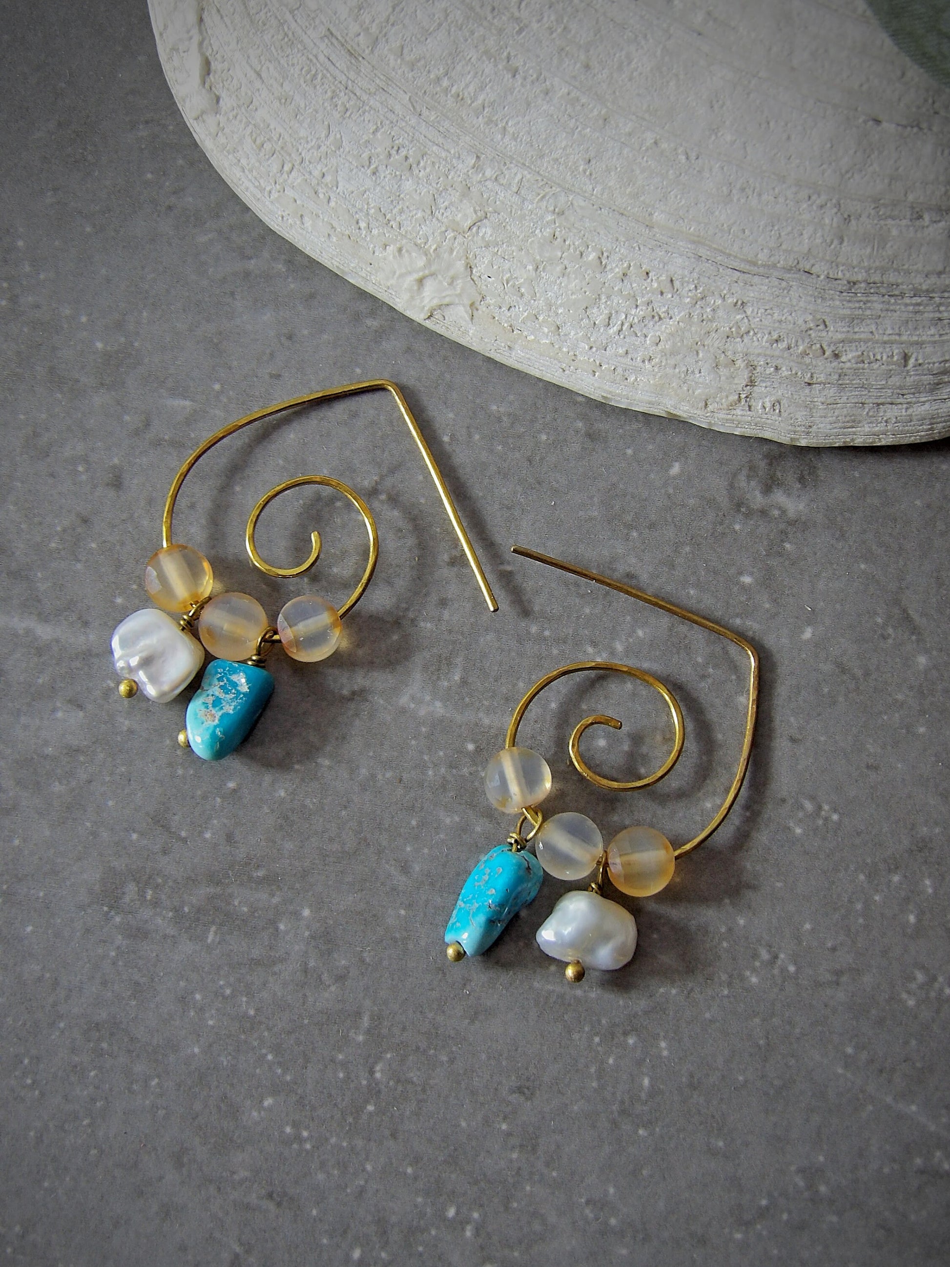 Hammered Spiral Hoop Earrings | Genuine Arizona Turquoise | Baroque Freshwater Keshi Pearls & Carnelian | Ethical Boho Jewelry