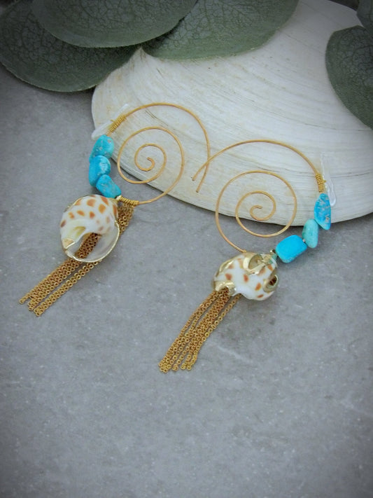 Genuine real arizona sleeping beauty turquoise. Boho spiral hoop earrings. Baroque irregular pearl earrings. Tassel Hoop Earrings.