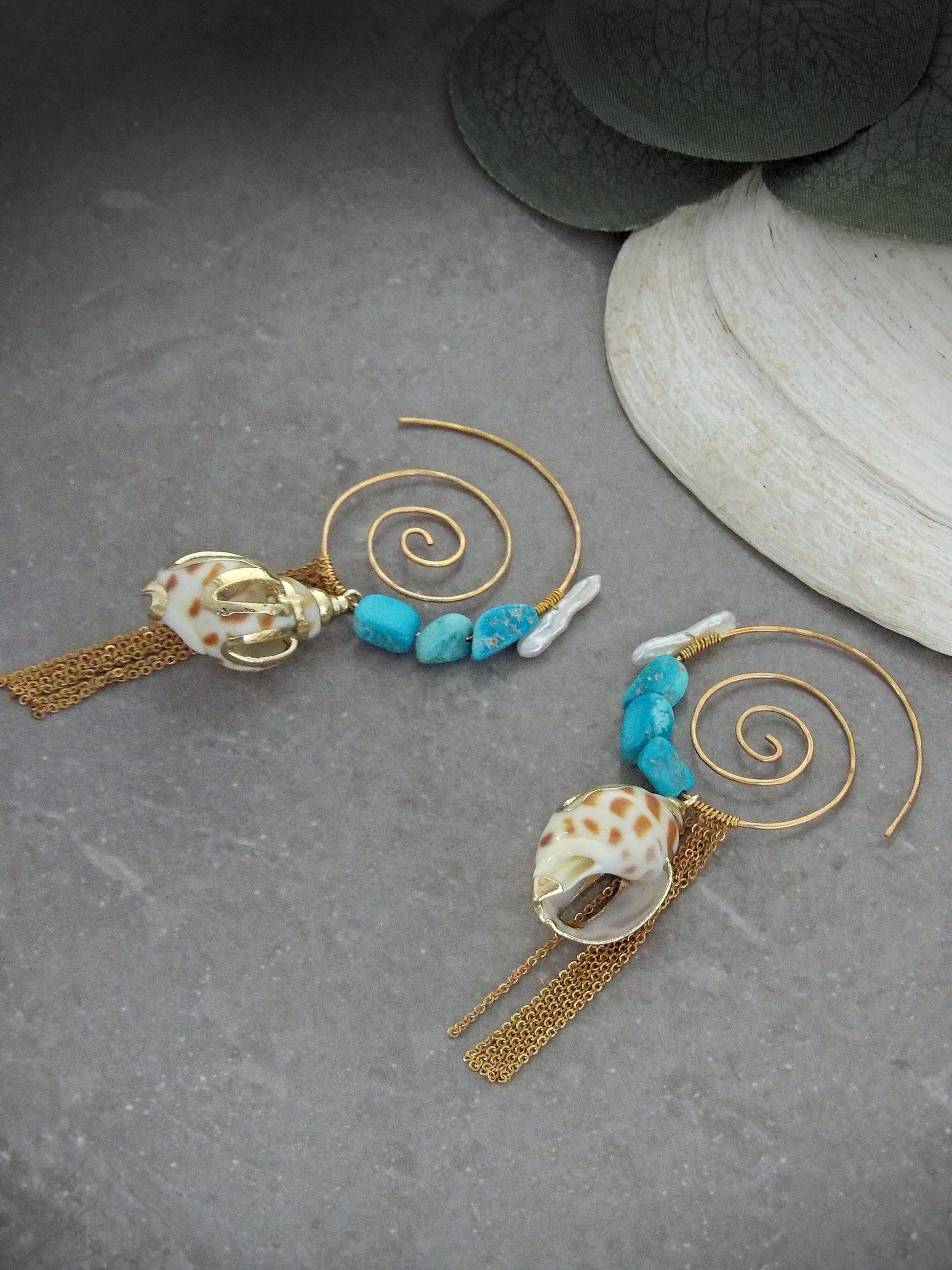 Genuine real arizona sleeping beauty turquoise. Boho spiral hoop earrings. Baroque irregular pearl earrings. Tassel Hoop Earrings.