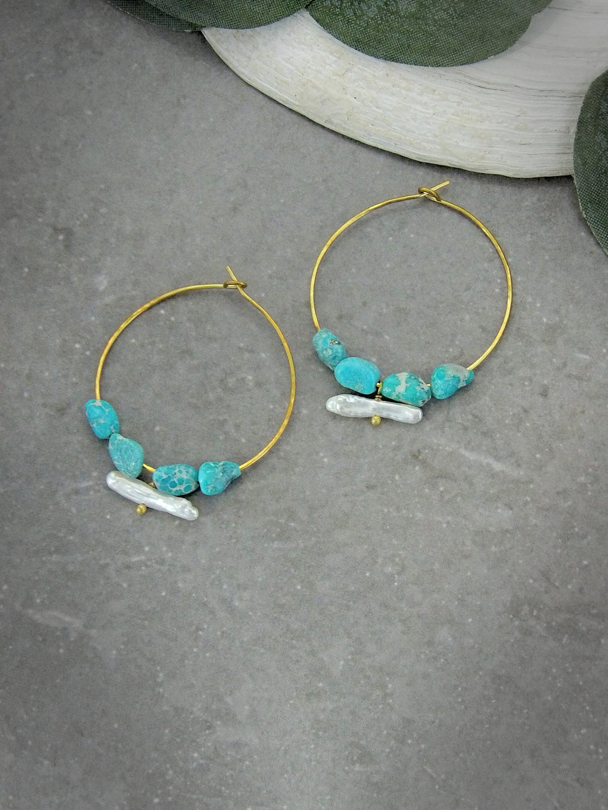 genuine turquoise earrings. Biwa stick pearl earrings. Bohemian turquoise hoop earrings. artisan turquoise earrings. siren jewelry