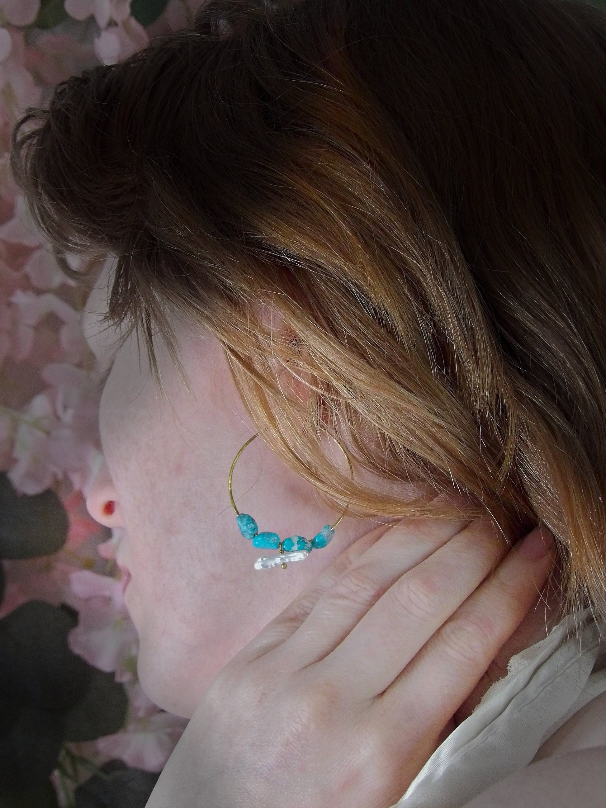 genuine turquoise earrings. Biwa stick pearl earrings. Bohemian turquoise hoop earrings. artisan turquoise earrings. siren jewelry