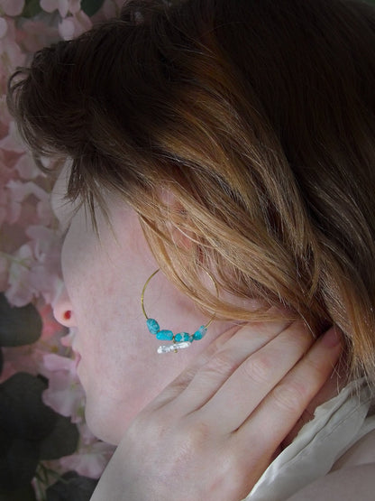 genuine turquoise earrings. Biwa stick pearl earrings. Bohemian turquoise hoop earrings. artisan turquoise earrings. siren jewelry