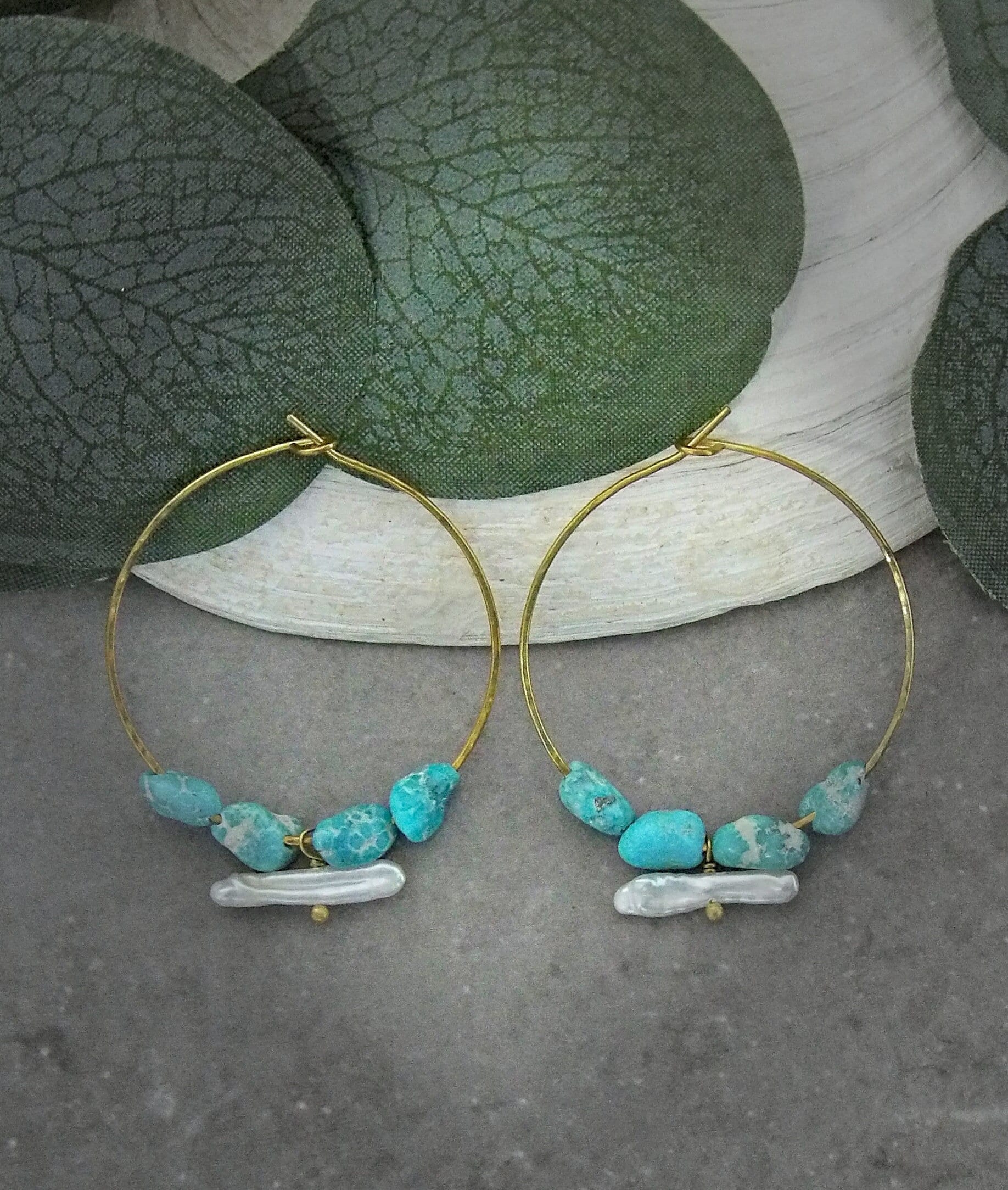 genuine turquoise earrings. Biwa stick pearl earrings. Bohemian turquoise hoop earrings. artisan turquoise earrings. siren jewelry