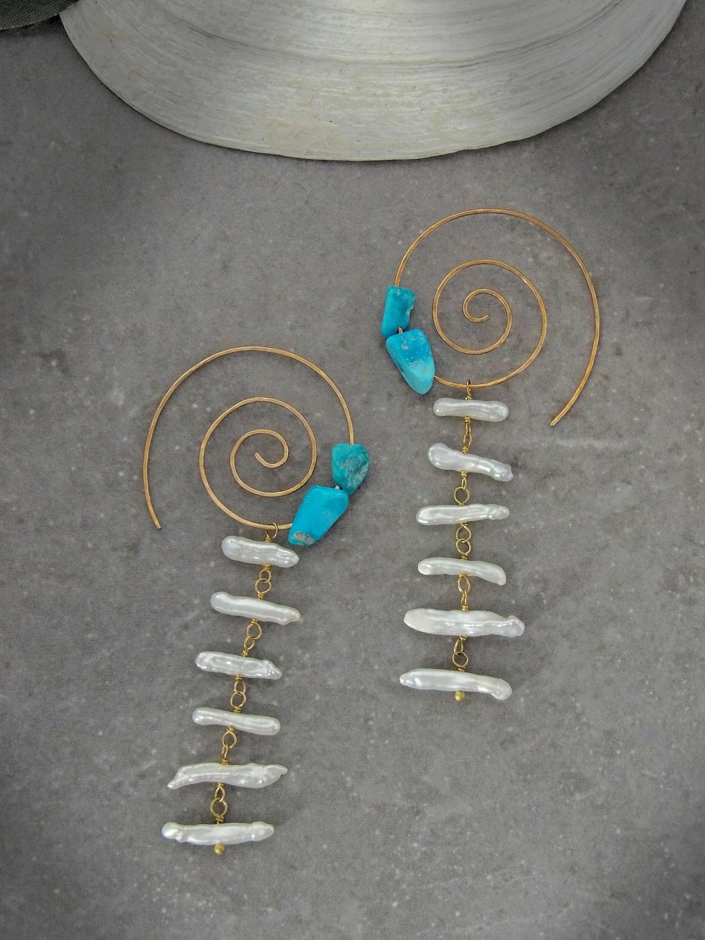 Spiral Hoop Earrings With Biwa Pearls & Genuine Arizona Turquoise | Artisan Hammered Bronze | Ethical Bohemian Jewelry | Sustainable Fashion
