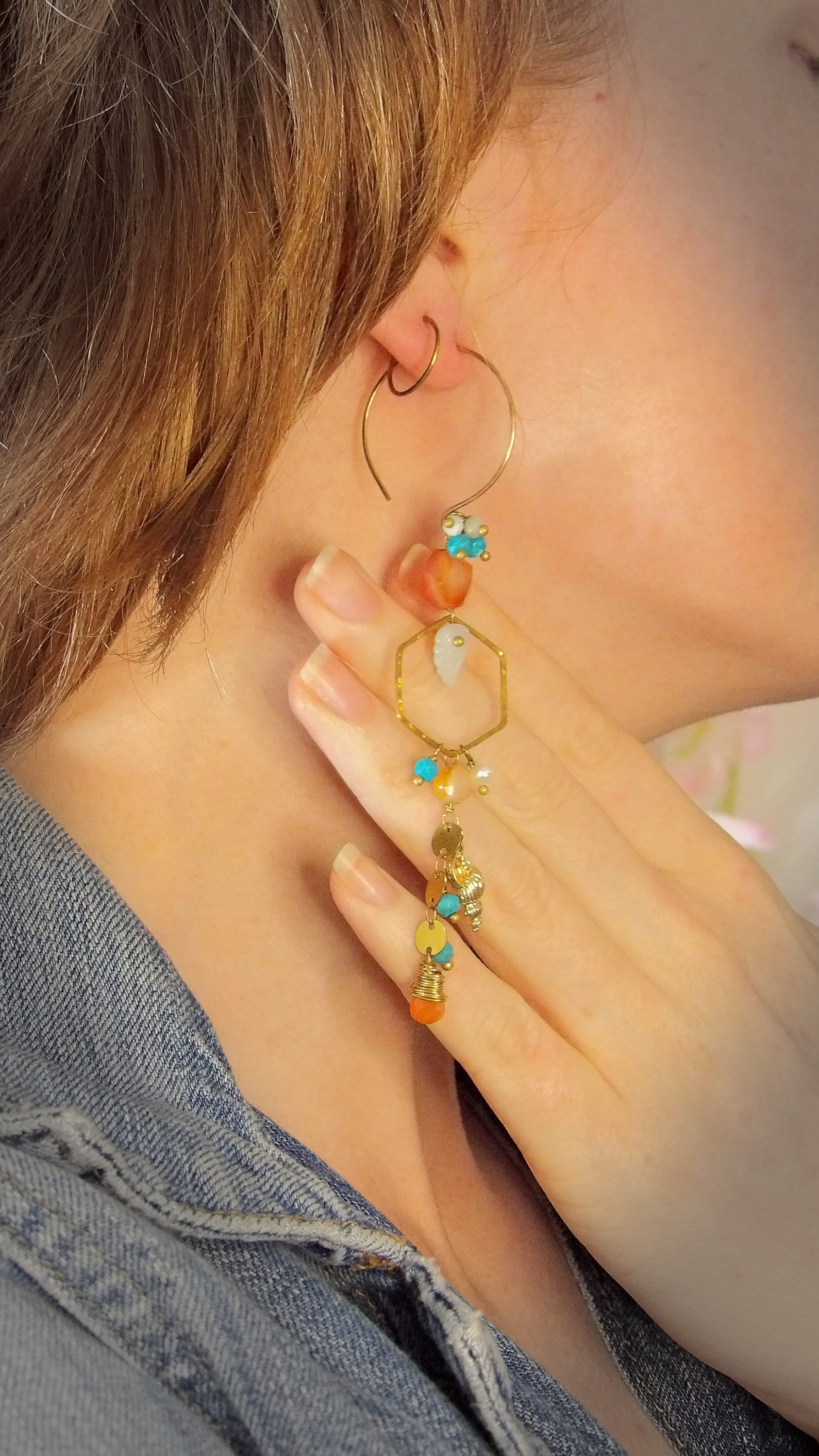 irregular earrings. Asymmetrical Earrings. Bohemian pearl earrings. Biwa pearl earrings. Genuine turquoise earrings. Ethical jewelry. Sustainable fashion. Carnelian earrings.