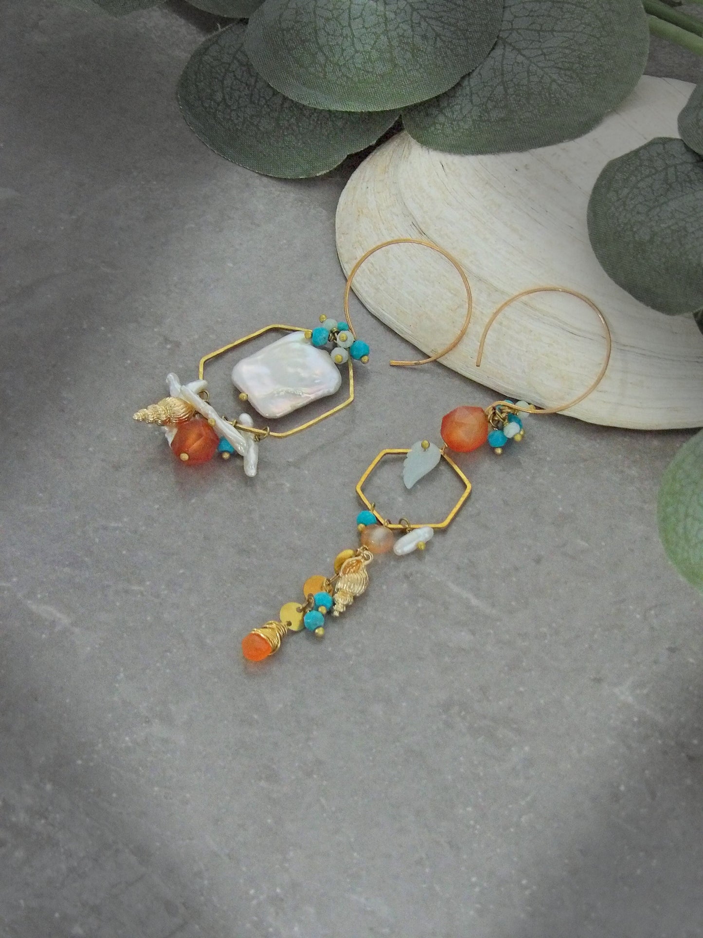 irregular earrings. Asymmetrical Earrings. Bohemian pearl earrings. Biwa pearl earrings. Genuine turquoise earrings. Ethical jewelry. Sustainable fashion. Carnelian earrings.