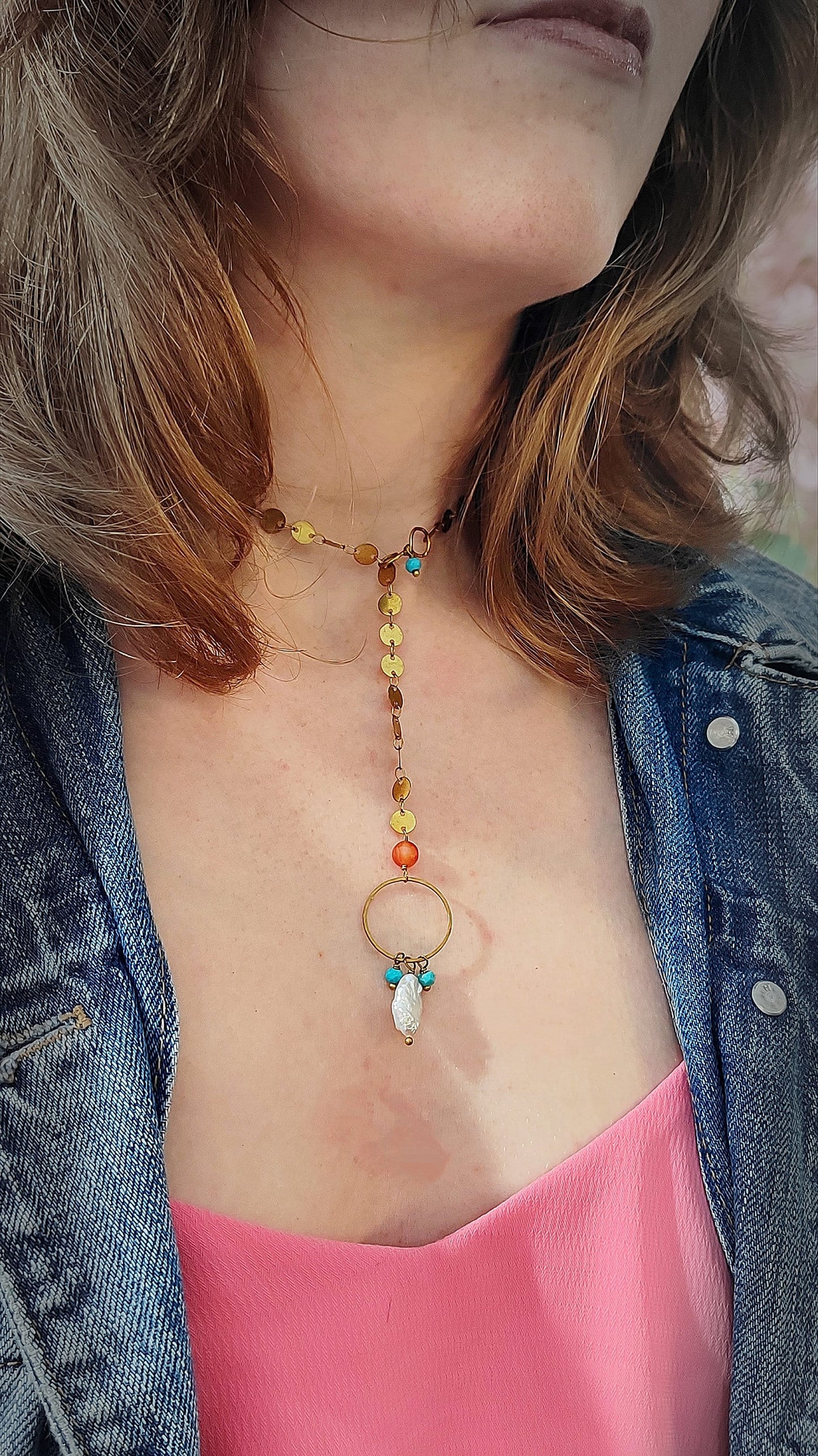convertible keshi pearl necklace. baroque pearl y necklace. genuine turquoise y necklace. lariat necklace. intentional jewelry. carnelian necklace. bohemian jewelry. sustainable fashion.