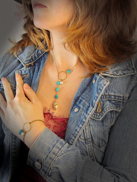 Lariat Keshi Pearl Necklace | Genuine Turquoise Y Necklace | Ethical Bohemian Jewelry | Sustainable Fashion | Artisan Intentional Jewelry