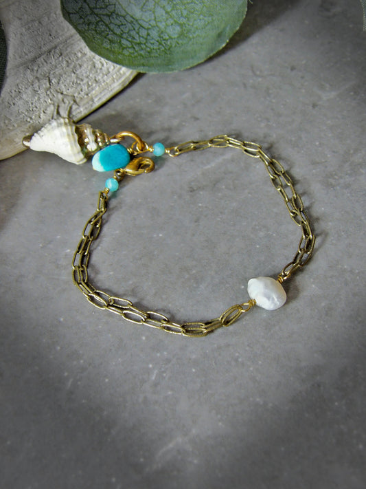 single pearl bracelet. Paperclip bracelet. genuine turquoise bracelet. arizona turquoise bracelet. shell charm bracelet. baroque pearl bracelet. boho jewelry. intentional jewelry.